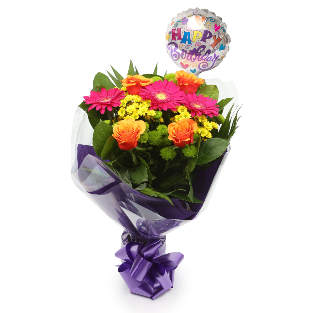 Birthday Balloon & Wonderful Flowers BouquetThis Beautiful Bouquet, carefully selected flowers with foliage are expertly arranged to create this dramatic design. This stunning gift is the ultimate gift to create an impression. Beautifully wrapped and tied