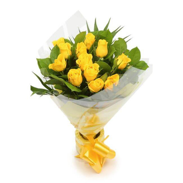 Yellow Gold RosesThis Beautiful Bouquet, carefully selected flowers with foliage are expertly arranged to create this dramatic design. This stunning gift is the ultimate gift to create an impression. Beautifully wrapped and tied with ribbon before being d