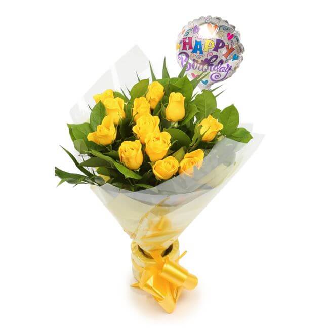 Birthday Balloon & 12 Yellow Roses FlowersThis Beautiful Bouquet, carefully selected flowers with foliage are expertly arranged to create this dramatic design. This stunning gift is the ultimate gift to create an impression. Beautifully wrapped and tied w