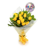 Birthday Balloon & 12 Yellow Roses FlowersThis Beautiful Bouquet, carefully selected flowers with foliage are expertly arranged to create this dramatic design. This stunning gift is the ultimate gift to create an impression. Beautifully wrapped and tied w