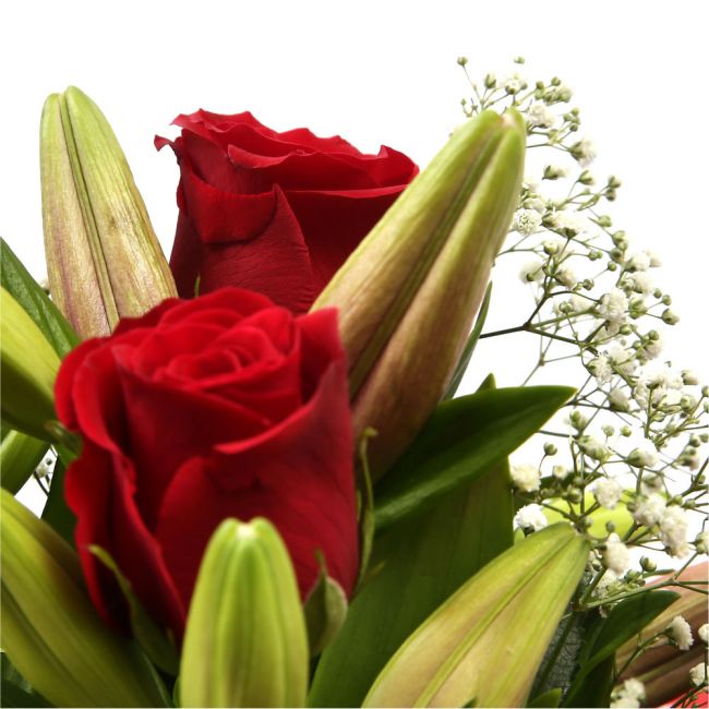 Luxury Princess BouquetRed Roses, Bloom Chrysanthemums, Oriental Lilies and Palm foliage are expertly arranged to create this dramatic design. This stunning gift is the ultimate gift to create an impression. Beautifully wrapped and tied with ribbon before