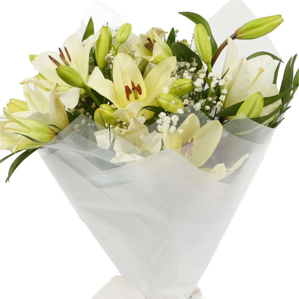 A Classic White Lilies BouquetA Classic White Lilies Bouquet flowers Beautifully wrapped and tied with ribbon before being delivered. A Beautiful Bouquet Hand Tied Flowers. Delivering Great Value Fresh Cut Flowers. Add Personalised Message At Checkout. Fr