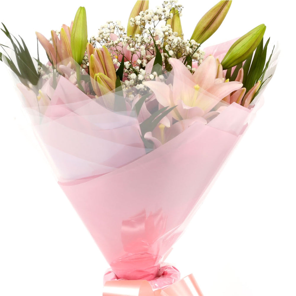 A Classic Pink Lilies BouquetA Classic Pink Lilies Bouquet flowers. Beautifully wrapped and tied with ribbon before being delivered. A Beautiful Bouquet Hand Tied Flowers. Delivering Great Value Fresh Cut Flowers. Add Personalised Message At Checkout. Fre