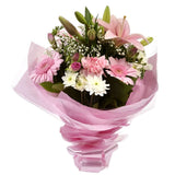 Pink Princess BouquetAn alluring hand-tied bouquet featuring Oriental Lilies, Gerberas, Anastasias, Gypsophila, in an array of pinks with striking Fressias & Chrysanthemums as highlights. A truly glamorous gift for any special occasion. Beautifully wrappe