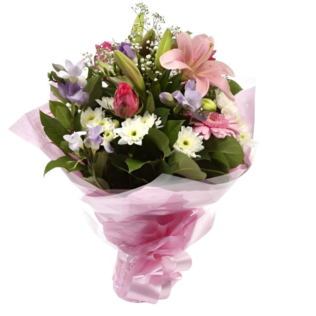 Pink Radiance BouquetAn endearing classic Lilies in soft pinks and whites with purple Freesias, large exquisite headed Anastasias, Pink Roses are complemented by delicate pink Gypsophila, luxurious sophisticated hand-tied bouquet certain to impress. Beaut