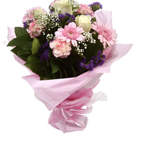 Pink Summer ChickThis Sweet Pink bouquet features matching pink Gerberas, Pink White Carnations, purple Statice and Pink Gypsophila, punctuated with White Roses. Expertly created by our florists Beautifully wrapped and tied with ribbon before being delive