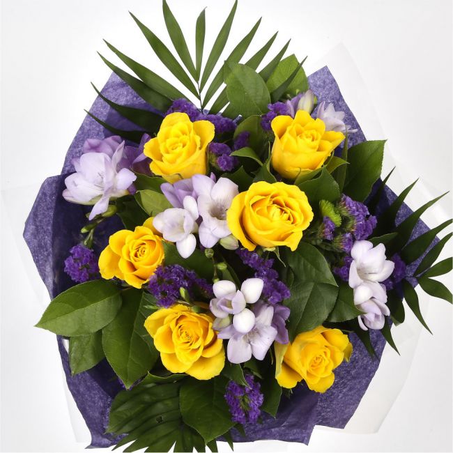 Pretty Scented Roses & FreesiasYellow large-headed Roses combine with pretty Freesias and foliage to create this beautifully scented bouquet in delicate lemons and lilacs. Beautifully Scented,£14.99