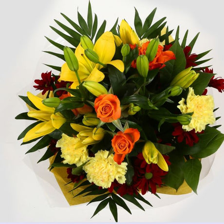 Happy Birthday Balloon & Redsunshine FlowersHappy Birthday Balloon & Beautiful Red Sunshine Orange Bouquet, Roses and Lillies with foliage, wrapped with matching ribbon. Beautifully wrapped and tied with ribbon before being delivered.£19.99