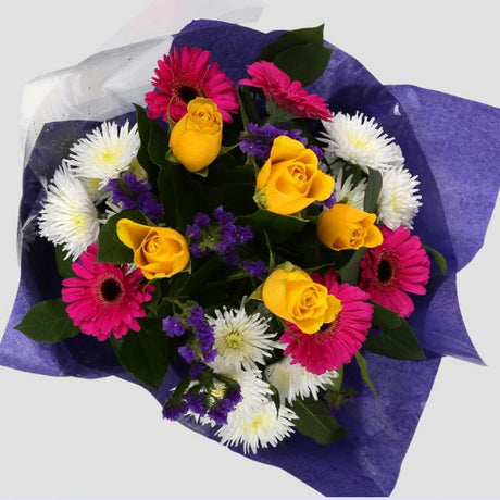 Happy Birthday Balloon & Starburst FlowersHappy Birthday Balloon & Starburst Blush Bouquet, Yellow Roses &Pink Gerberas and carefully selected flowers with foliage are expertly arranged to create this dramatic design. This stunning gift is the ultimate gi