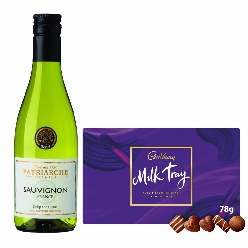 Patriarche Sauvignon Blanc 18.7cl Milk Tray ChocolatesPatriarche Sauvignon Blanc 18.7cl Milk Tray Chocolates Citrus fruits on the nose, this wonderful wine is fresh and has a well balanced finish & Milk Tray Chocolates£11.99