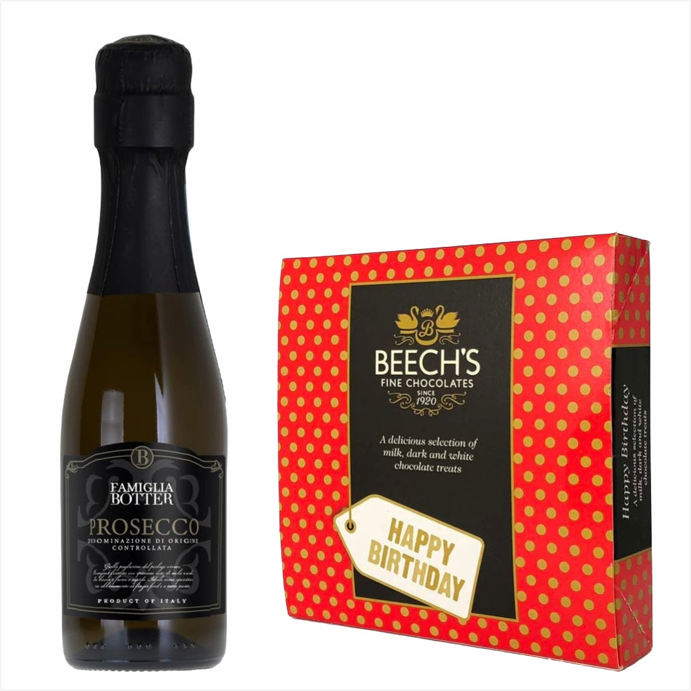Botter Prosecco 200ml & Birthday ChocolatesBotter Prosecco 200ml & Happy Birthday Chocolates Italy, Veneto Pale light yellow colour with fine perlage. Delicately fruity slightly aromatic bouquet with hints of flowers among which honey and wild apple scent