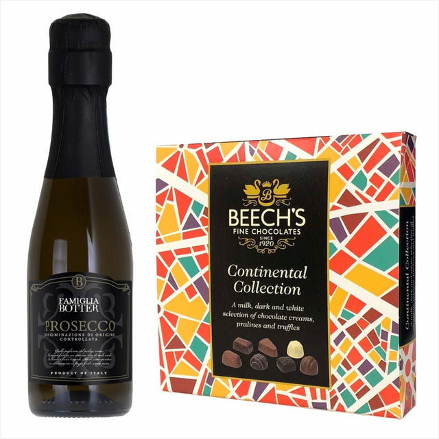 Botter Prosecco 200ml & Continental ChocolatesBotter Prosecco 200ml & Continental Chocolates Italy, Veneto Pale light yellow colour with fine perlage. Delicately fruity slightly aromatic bouquet with hints of flowers among which honey and wild apple scent