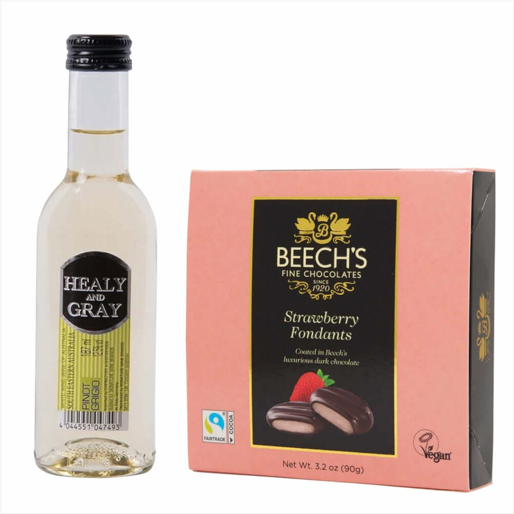 Healy & Gray Pinot Grigio 18.7cl Strawberry Fondants ChocolatesHealy & Gray Pinot Grigio 18.7cl & Strawberry Fondants Chocolates The ever popular Pinot Grigio.Crisp & refreshing with fruity aromas and flavours of citrus and apple£11.99