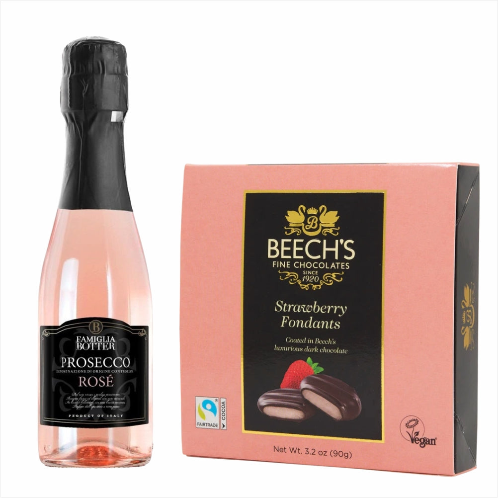Botter Prosecco Rose 200ml & Strawberry Fondants Chocolate GiftBotter Prosecco Rose 200ml & Strawberry Fondants Chocolate Gift Light rose colour. Elegant and intense bouquet. Dry, soft and well-balanced on the palate; round and full bodied structure. Cele