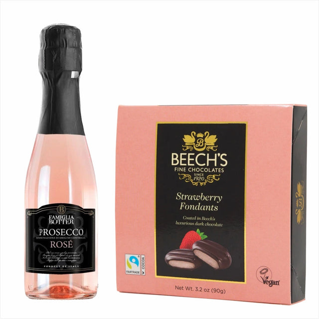 Botter Prosecco Rose 200ml & Strawberry Fondants Chocolate GiftBotter Prosecco Rose 200ml & Strawberry Fondants Chocolate Gift Light rose colour. Elegant and intense bouquet. Dry, soft and well-balanced on the palate; round and full bodied structure. Cele