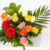 Multicolour Roses BouquetThis Beautiful Mixed Roses Bouquet, carefully selected flowers with foliage is expertly arranged to create this dramatic design. This stunning gift is the ultimate gift to create an impression. Beautifully wrapped and tied with ri