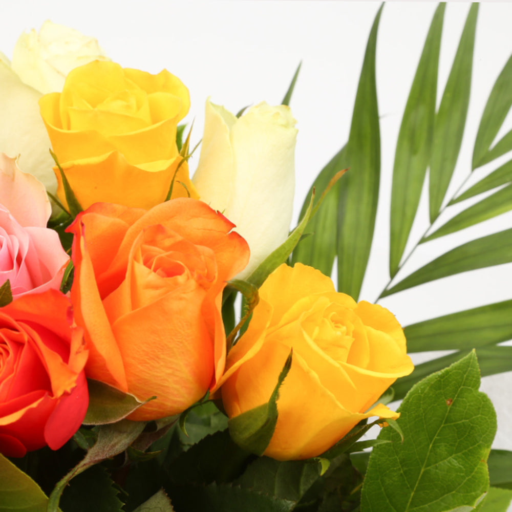 Multicolour Roses BouquetThis Beautiful Mixed Roses Bouquet, carefully selected flowers with foliage is expertly arranged to create this dramatic design. This stunning gift is the ultimate gift to create an impression. Beautifully wrapped and tied with ri