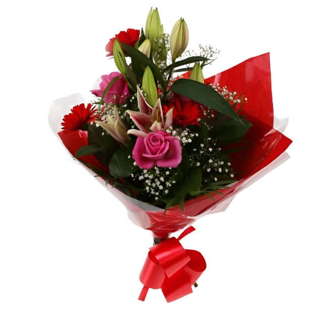 Pink Oriental BouquetPink Oriental Bouquet, Pink Roses, Oriental Lilies, Gypsophila with Red Germini and Palm foliage are expertly arranged to create this dramatic design. This stunning gift is the ultimate gift to create an impression.£14.99