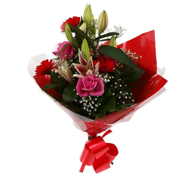 Pink Oriental BouquetPink Oriental Bouquet, Pink Roses, Oriental Lilies, Gypsophila with Red Germini and Palm foliage are expertly arranged to create this dramatic design. This stunning gift is the ultimate gift to create an impression.£14.99