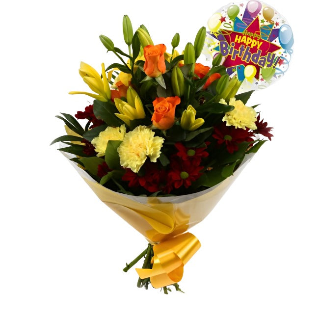Happy Birthday Balloon & Redsunshine FlowersHappy Birthday Balloon & Beautiful Red Sunshine Orange Bouquet, Roses and Lillies with foliage, wrapped with matching ribbon. Beautifully wrapped and tied with ribbon before being delivered.£19.99