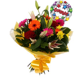 Congrats Balloon & Jubilation Bouquet FlowersCongratulations Balloon & Jubilation Bouquet. Make a striking impression by sending this stylish Jubilation Bouquet, hand-crafted by one of our expert florists using Lillies, Red Roses, Germini with Foliage Sur