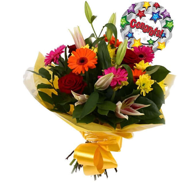 Congrats Balloon & Jubilation Bouquet FlowersCongratulations Balloon & Jubilation Bouquet. Make a striking impression by sending this stylish Jubilation Bouquet, hand-crafted by one of our expert florists using Lillies, Red Roses, Germini with Foliage Sur