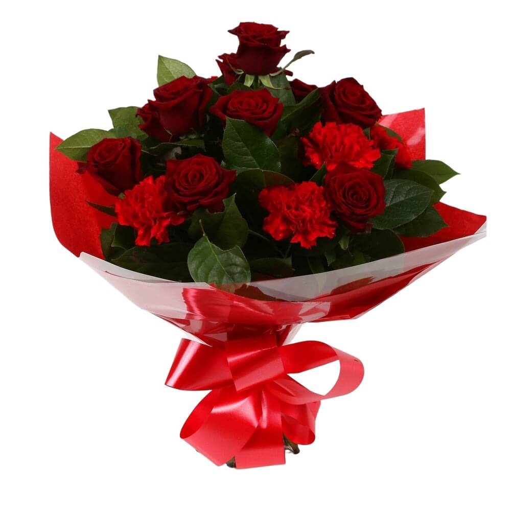 Heart Special Flowers BouquetHeart Special Bouquet Red Roses,Red Dianthus Palm foliage are expertly arranged to create this dramatic design. This stunning gift is the ultimate gift to create an impression. Beautifully wrapped and tied with ribbon before b
