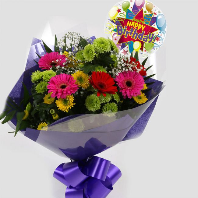 Birthday Balloon & Elegance Bouquet FlowersBirthday Balloon & Elegance Bouquet, Surprise a loved one with this gorgeous display of Germini Flowers, eye catching Daisies, Gypsophila & Chrysanthemums, with Foliage.£19.99